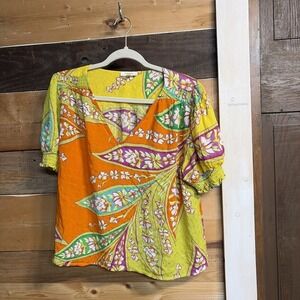 Haute Hippie Island Style Top Women L Orange Yellow Floral Short Sleeve Boho